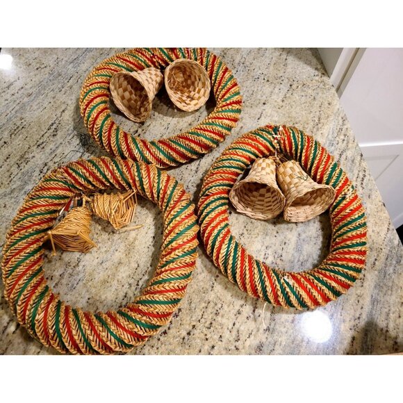 Scandinavian Swedish Straw Christmas Wreath with Bells. Set of 3. App 11" Diam. - Picture 6 of 12